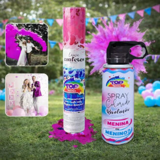 Kit Chá Revelação Bebê Gravidez Extintor Jato Spray Fumaça Efeito Pó + Lança Confete Pezinho Rosa Surpresa Festa Descoberta Decoração Evento Aniversário Celebração União Louis Riel Acustico